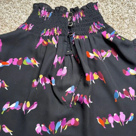 Kate Spade New York Womens Size S Bird Print Smocked High Neck Blouse Black - Picture 12 of 14